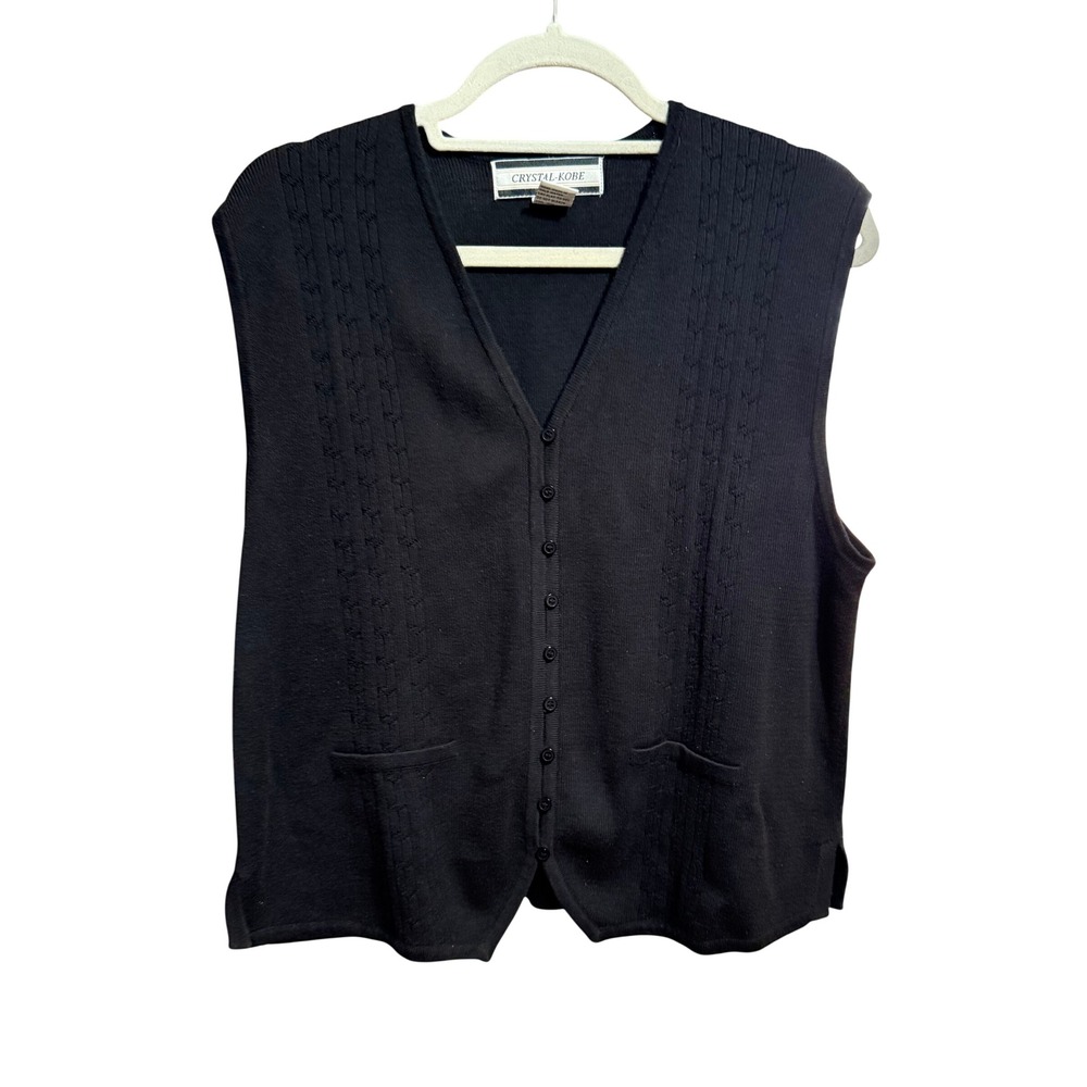 Crystal Kobe Black Cable Knit V-Neck Sleeveless Button‎ Front Vest Women's L